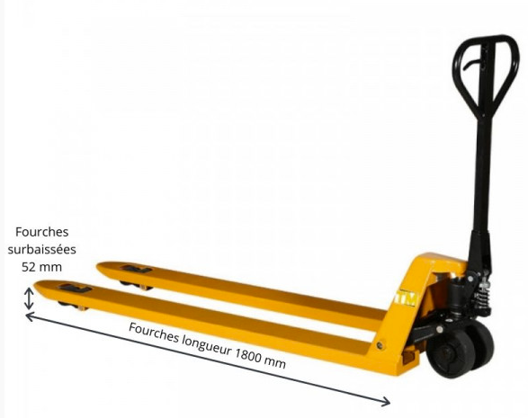 Transpalette manuel surbaissé - 1500kg-52mm - longues fourches 1800mm-fiche technique 